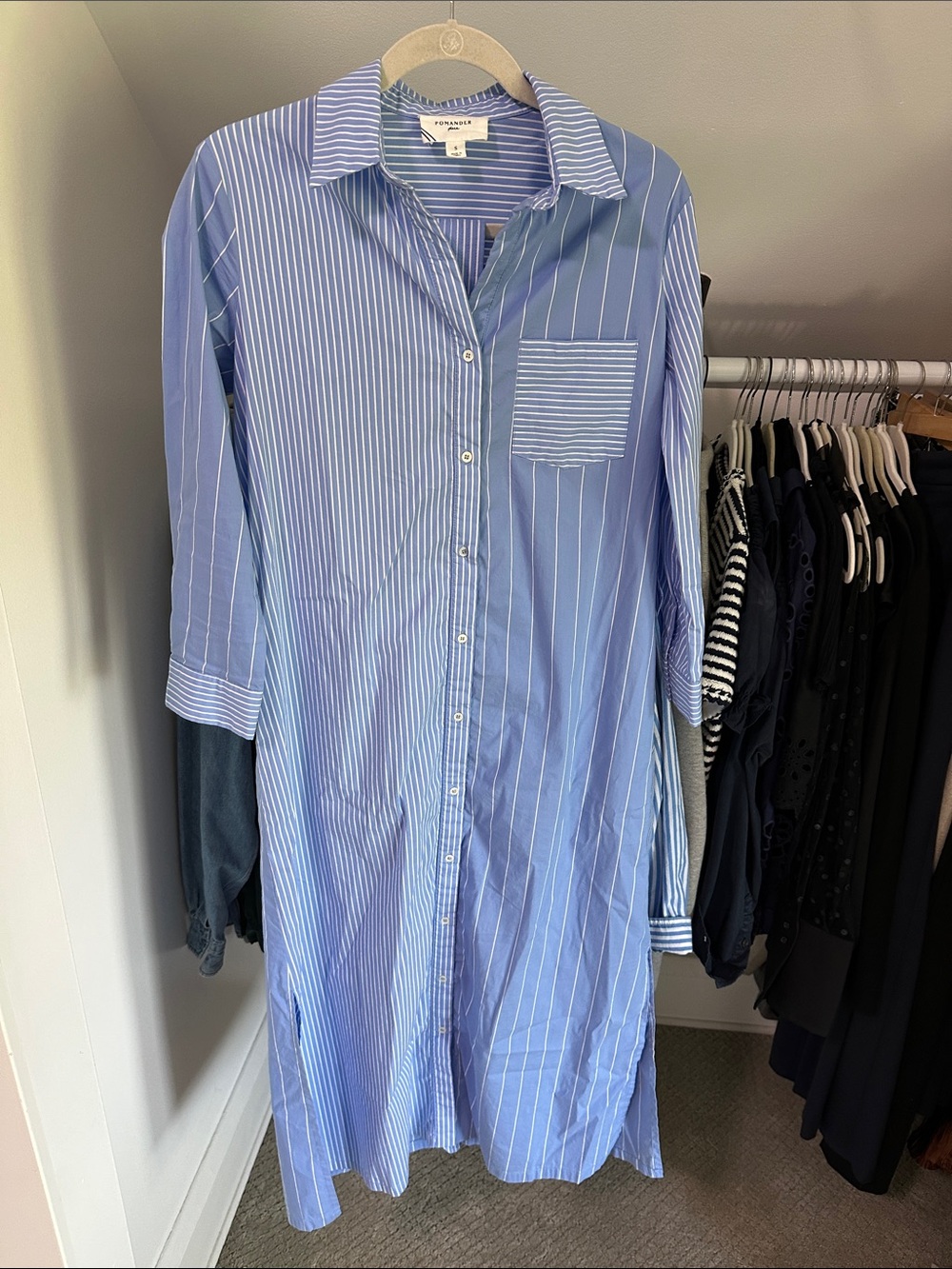 Pomander Place Blue and White Striped Midi Shirt Dress